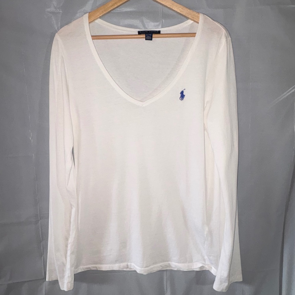 Ralph Lauren Womens White V-Neck Long Sleeve T-Shirt Blue Pony XL Preppy
